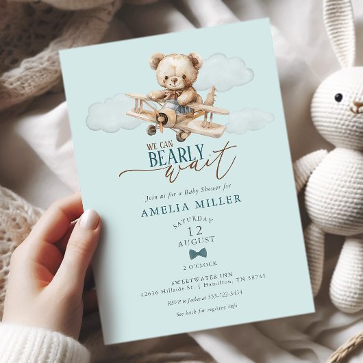 We Can Bearly Wait Teddy Airplane Blue Baby Shower Einladung