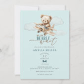 We Can Bearly Wait Teddy Airplane Blue Baby Shower Einladung (Vorderseite)