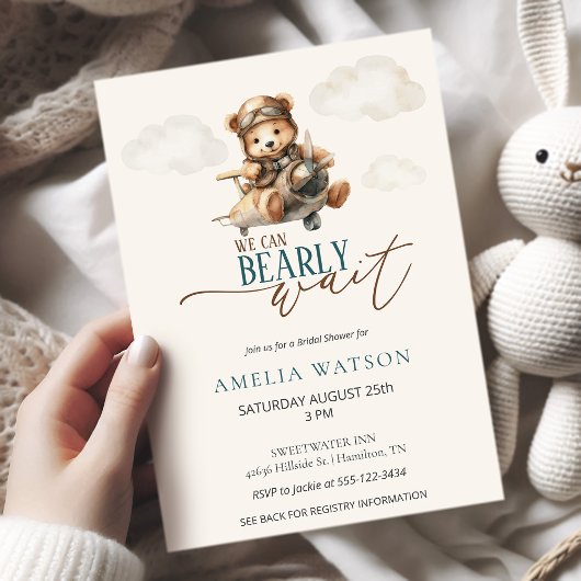 We Can Bearly Wait Teddy Bear Airplane Baby Shower Einladung