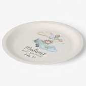 We Can Bearly Wait Teddy Bear Airplane Blue Boy Pappteller (Schrägansicht)