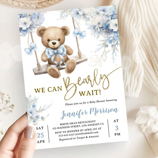 We Can Bearly Wait Teddy Bear Baby Shower Boy Blue Einladung