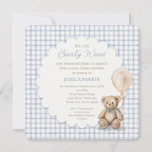 We Can Bearly Wait Teddy Bear Baby Shower Boy  Einladung (Vorderseite)