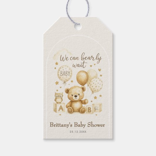 We Can Bearly Wait Teddy Bear Baby Shower Geschenkanhänger (Vorderseite)