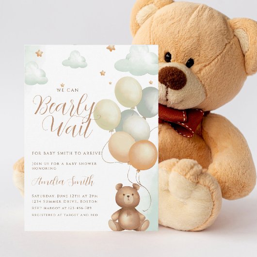 We Can Bearly Wait Teddy Bear Balloon Baby Shower Einladung