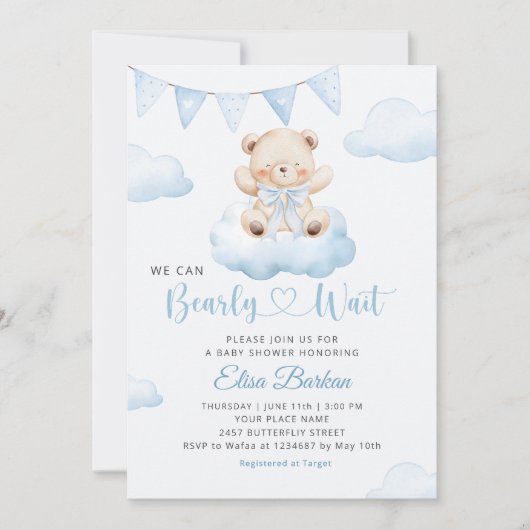 We Can Bearly Wait Teddy Bear Boy Baby Shower Einladung (Vorderseite)