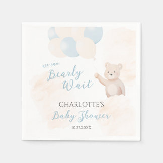 We Can Bearly Wait | Teddy Bear Boy Baby Shower Serviette