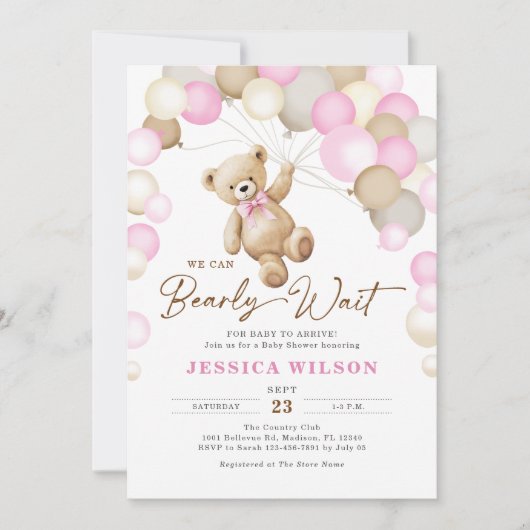We Can Bearly Wait Teddy Bear Girl Baby Shower Einladung (Vorderseite)