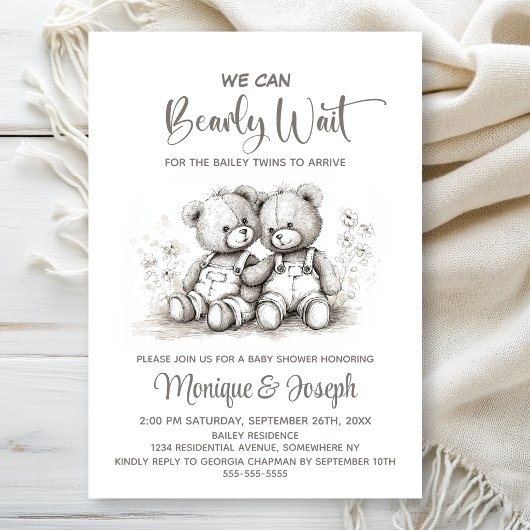 We Can Bearly Wait Teddy Bear Twins Baby Shower Einladung