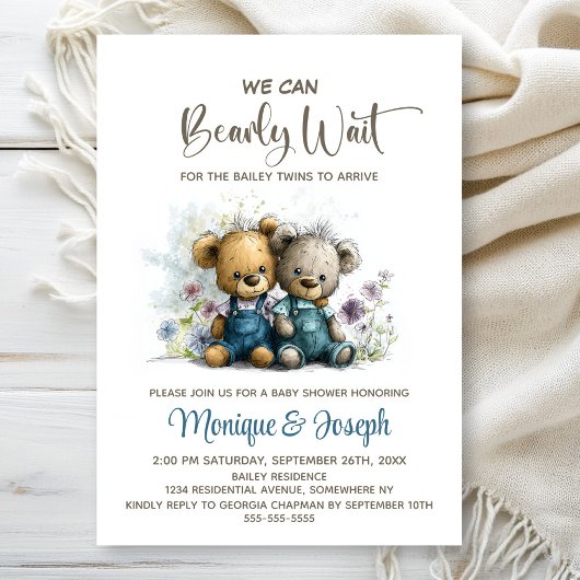 We Can Bearly Wait Teddy Bear Twins Baby Shower Einladung