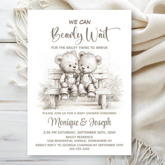 We Can Bearly Wait Teddy Bear Twins Baby Shower Einladung