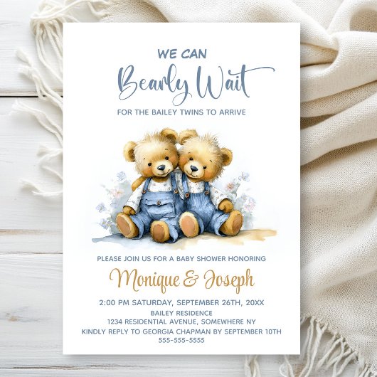 We Can Bearly Wait Teddy Bear Twins Baby Shower Einladung