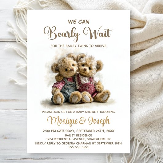 We Can Bearly Wait Twin Teddy Bears Baby Shower Einladung