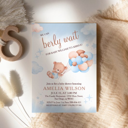 We Can Berly Wait Teddy Bear Balloons Pastel Baby  Einladung