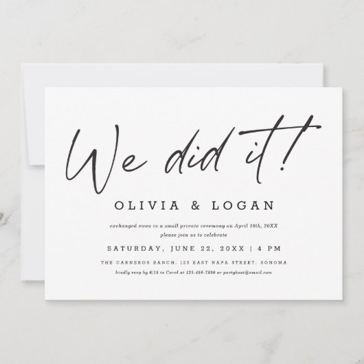 We Did It! Chic Modern Script Wedding Elopement Einladung (Vorderseite)