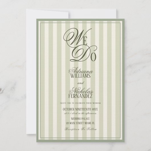 We Do Elegant Striped Ivory Green Wedding Einladung (Vorderseite)