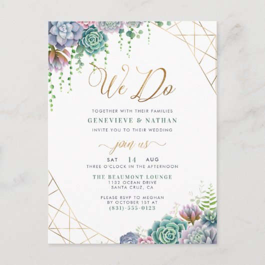 "We Do" Gold Glitzer Script & Succulents Wedding Einladungspostkarte (Vorderseite)