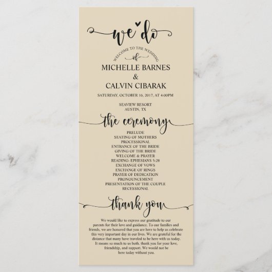 We Do Wedding Programmkarte in rustikalem Beige Th Programm (Vorderseite)