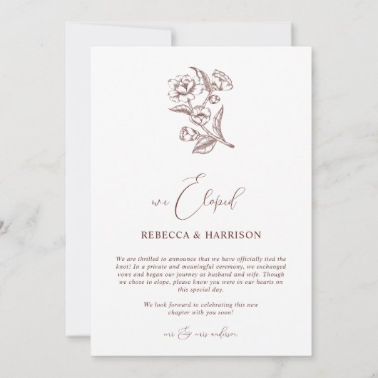 We Eloped Brown Floral Boho | Photo Wedding Ankündigung (Rückseite)