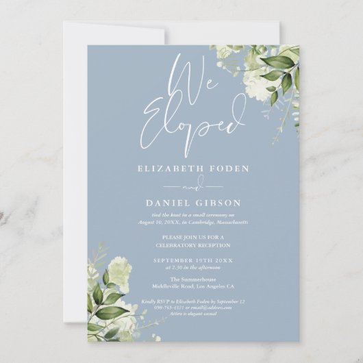 We Eloped Dusty Blue Wedding Vows Greenery Party Einladung (Vorderseite)