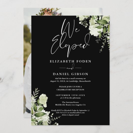 We Eloped Greenery Floral Photo Wedding Party Einladung (Vorne/Hinten)