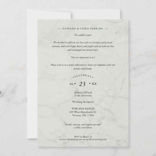 We Eloped Photo Wedding Elegant Marble Effect Einladung (Rückseite)