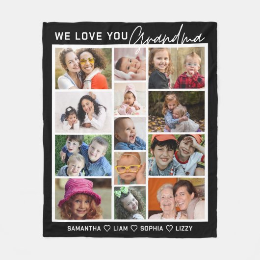 We Love You Grandma 13 Photo Collage Black Fleecedecke (Vorderseite)