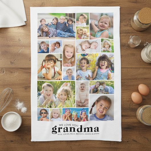 We Love You Grandma 19 Photo Collage Names Modern Geschirrtuch