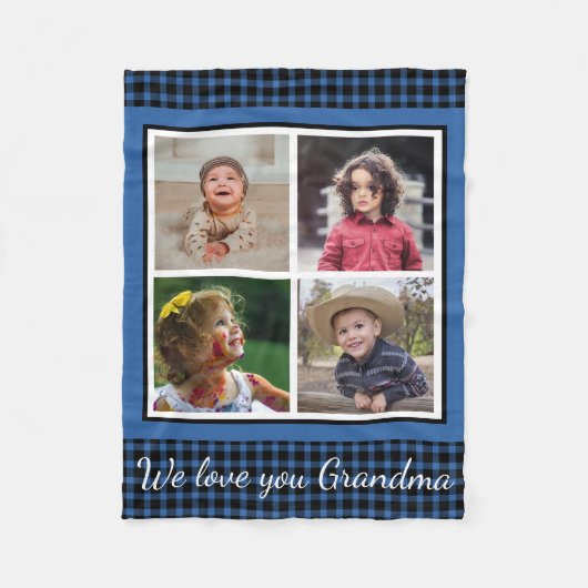 We Love You Grandma 4 Photo Collage Blue Plaid Fleecedecke (Vorderseite)
