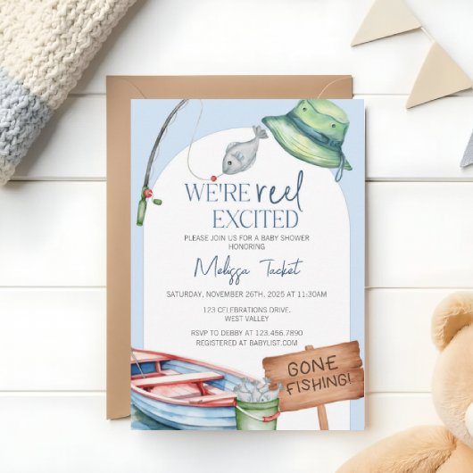 We’re Reel Excited, fishing-themed baby shower  Einladung