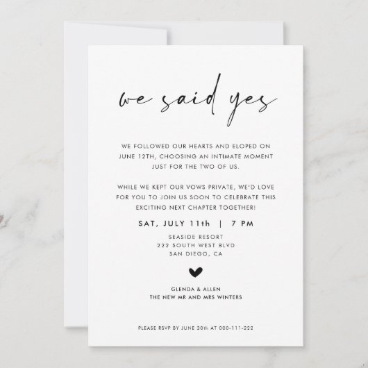 We Said Yes Wedding Elopement Reception Invitation Ankündigung (Vorderseite)
