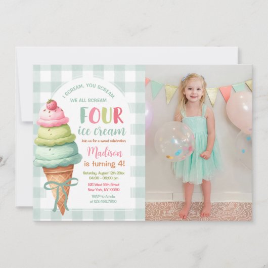 We Scream Four Ice Cream Bow 4th Birthday Photo Einladung (Vorderseite)