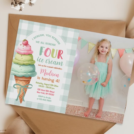 We Scream Four Ice Cream Bow 4th Birthday Photo Einladung