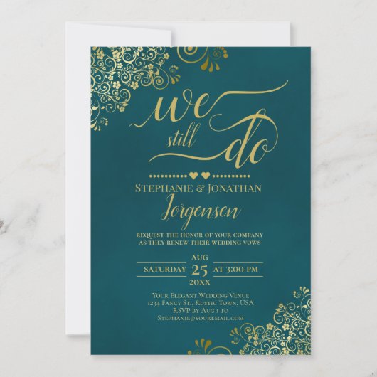 We Still Do Elegant Dark Teal & Gold Vow Renewal Einladung (Vorderseite)