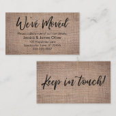 "We ve Moved" Burlap Handwriting Typografy Card Visitenkarte (Vorne/Hinten)