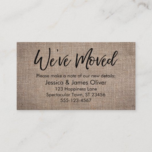 "We ve Moved" Burlap Handwriting Typografy Card Visitenkarte (Vorderseite)