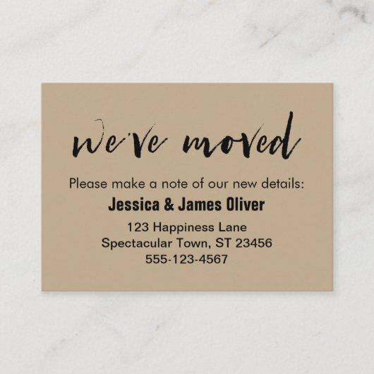 "We ve Moved" Card auf Warm Sand mit Skript-Schrif Visitenkarte (Vorderseite)