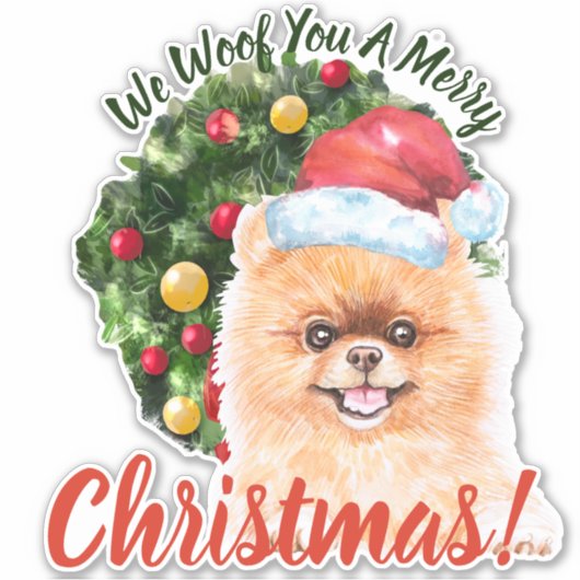 We Woof You Frohe Weihnachten Spitz Aufkleber (Vorderseite)