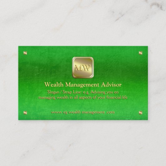 Wealth Advisor, Goldene Typenschild, grünes Leder- Visitenkarte (Vorderseite)
