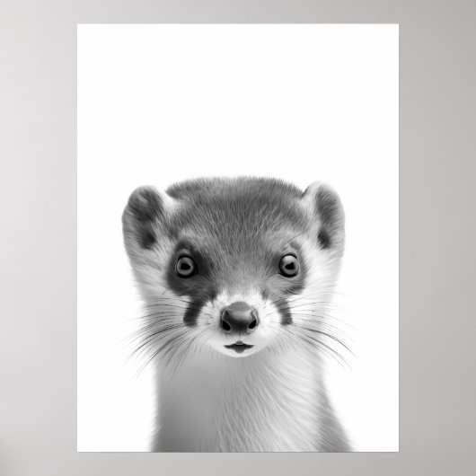 Weasel Woodland Modernes Portrait Schwarz-weiß Poster (Vorne)