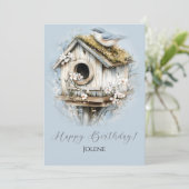 Weathered Birdhouse and Bird Happy Birthday | (Stehend Vorderseite)