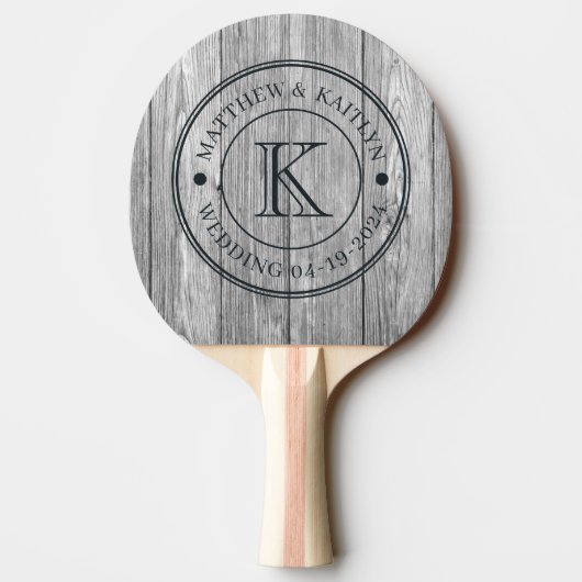 Weathered Dark Gray Wooden Wedding Monogram Tischtennis Schläger (Rückseite)