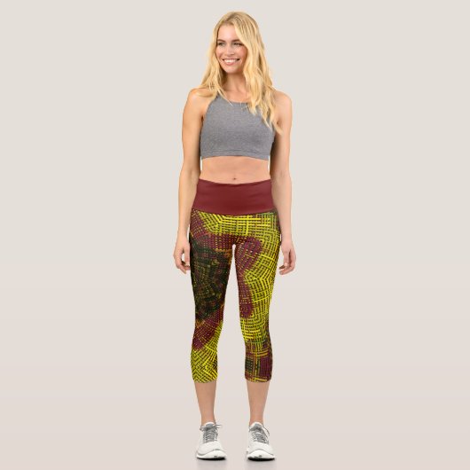Weave Mandala Gelb und Orange Capri Leggings (Vorderseite)