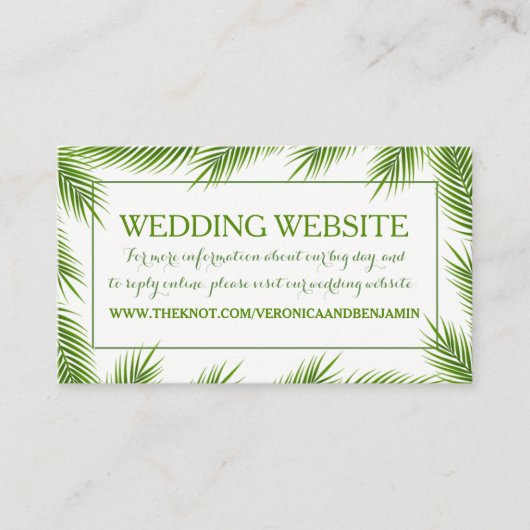 Website der Tropical Palm Blätter Beach Wedding Begleitkarte (Vorderseite)