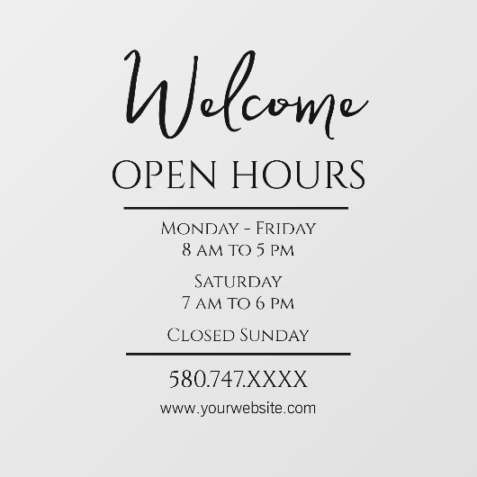 Website-Fenster "Business Welcome and Open Hours" Fensteraufkleber (Blatt)