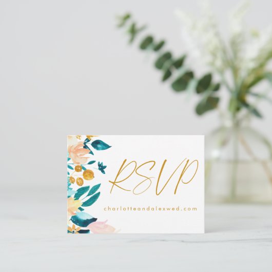Website für Hochzeiten UAWG Blue Green Floral Begleitkarte (Stehend Vorderseite)
