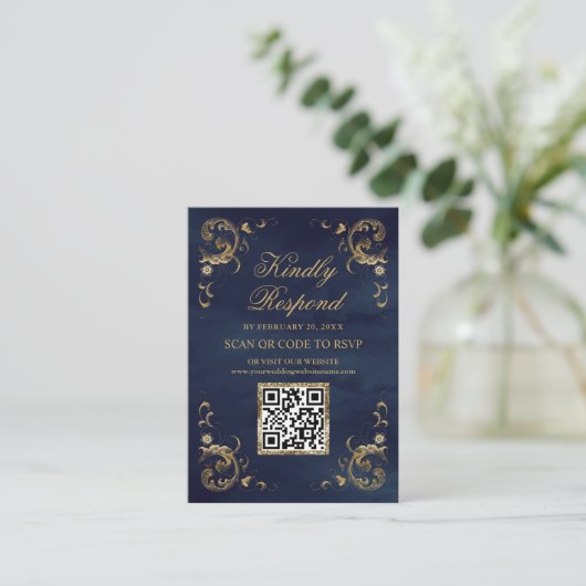 Website für Hochzeiten von Navy Blue Gold QR Code Begleitkarte (Stehend Vorderseite)