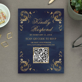 Website für Hochzeiten von Navy Blue Gold QR Code  Begleitkarte