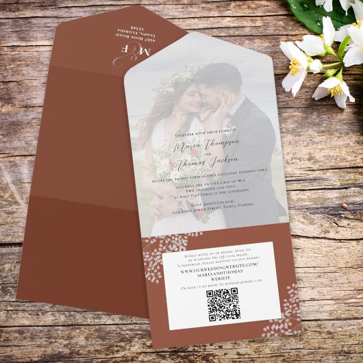 Website von Boho Foliage Terracotta Foto QR All In One Einladung
