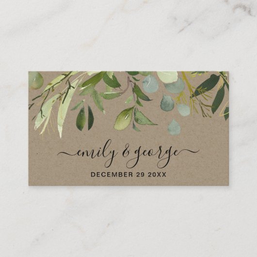 WEBSITE VON KRAFT GREEN FOLIAGE WATERCOLOR WEDING VISITENKARTE (Vorderseite)