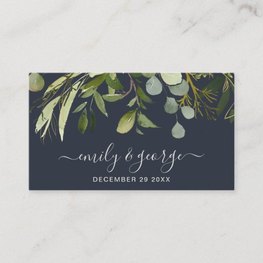 WEBSITE VON NAVY GREEN FOLIAGE WATERCOLOR WEDING U VISITENKARTE (Vorderseite)